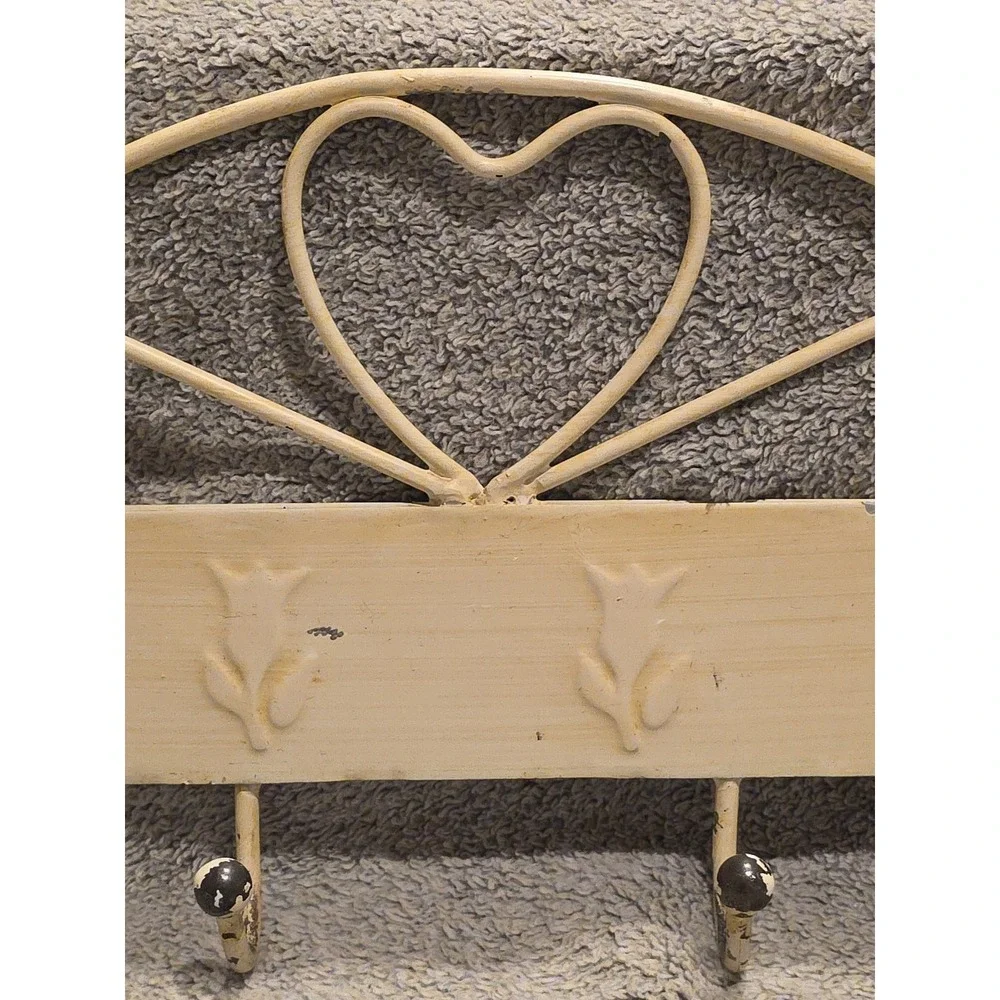 Heart Tulip Off White Metal Distressed Wall Hanging W/Hooks Cottage Farm Grandma